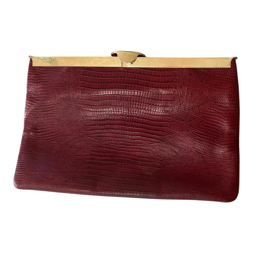 Etra Genuine Leather Brown Vintage 1950s Clutch • Embossed Lizard Hide Gold Tone